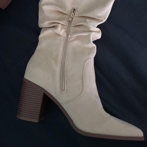 Womens Pointed Toe Knee High Boots Mid Chunky Heel Faux Suede Side Zipper Ridin - Picture 3 of 9